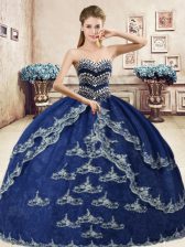  Sleeveless Organza Floor Length Lace Up Quince Ball Gowns in Navy Blue with Beading and Appliques