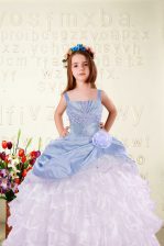  Light Blue Organza Lace Up Little Girl Pageant Gowns Sleeveless Floor Length Beading and Ruffled Layers and Hand Made Flower