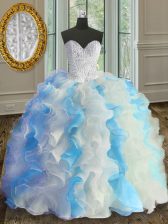  Blue And White Ball Gowns Organza Sweetheart Sleeveless Beading and Ruffles Floor Length Lace Up Sweet 16 Dress