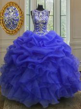 Beautiful Scoop Royal Blue Sleeveless Organza Lace Up Quinceanera Dress for Military Ball and Sweet 16 and Quinceanera