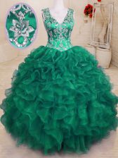 Excellent Dark Green Sleeveless Beading and Embroidery and Ruffles Floor Length 15 Quinceanera Dress
