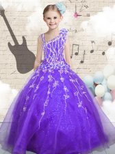 On Sale Floor Length Lilac Little Girl Pageant Gowns Organza Sleeveless Beading and Appliques and Hand Made Flower