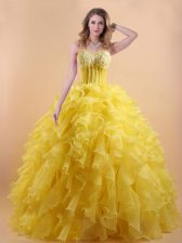 Chic Floor Length Gold Quinceanera Gown Sweetheart Sleeveless Lace Up