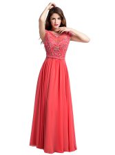 Fantastic Scoop Floor Length Empire Cap Sleeves Watermelon Red Prom Evening Gown Zipper
