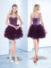 Stylish Sweetheart Sleeveless Prom Dresses Floor Length Beading and Ruffles Dark Purple Organza