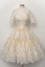  Scalloped Champagne A-line Lace and Belt Dress for Prom Zipper Tulle Half Sleeves Knee Length