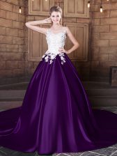 Extravagant Scoop With Train Lace Up Quince Ball Gowns Purple for Military Ball and Sweet 16 and Quinceanera with Lace and Appliques Court Train