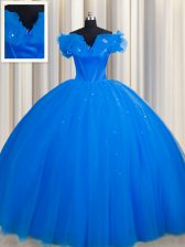 Fashionable With Train Royal Blue Sweet 16 Dress Off The Shoulder Short Sleeves Court Train Lace Up