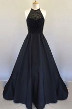  Halter Top Pleated Black Sleeveless Satin Zipper Prom Evening Gown for Prom and Party