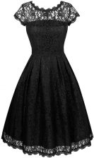  A-line Homecoming Dress Black Scalloped Chiffon Short Sleeves Knee Length Zipper