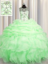  Scoop See Through Lace Up Vestidos de Quinceanera Beading and Ruffles and Pick Ups Sleeveless Floor Length