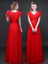 Decent Lace Floor Length Empire Short Sleeves Red Prom Gown Zipper