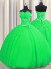 Lovely Handcrafted Flower Green Ball Gowns Tulle Strapless Sleeveless Beading and Sequins and Hand Made Flower Floor Length Lace Up Quinceanera Dress