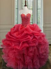 Best Selling Sleeveless Organza Floor Length Lace Up 15 Quinceanera Dress in Coral Red with Beading and Ruffles