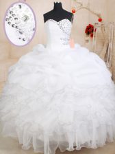 Customized Sweetheart Sleeveless Vestidos de Quinceanera Floor Length Beading and Ruffles and Pick Ups White Organza