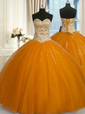 Exceptional Rust Red Ball Gowns Tulle Sweetheart Sleeveless Beading and Sequins Floor Length Lace Up Quinceanera Gowns
