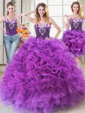  Three Piece Sweetheart Sleeveless Organza Sweet 16 Quinceanera Dress Beading and Ruffles Lace Up