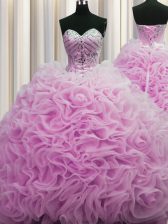 Fabulous Rolling Flowers Lilac Sweet 16 Dress Military Ball and Sweet 16 and Quinceanera with Beading and Pick Ups Sweetheart Sleeveless Brush Train Lace Up