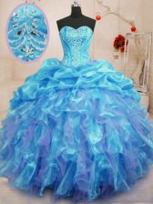  Aqua Blue Quinceanera Dress Military Ball and Sweet 16 and Quinceanera with Beading and Ruffles Sweetheart Sleeveless Lace Up