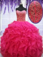 Sumptuous Hot Pink Lace Up Sweetheart Beading and Ruffles Quinceanera Gowns Organza Sleeveless