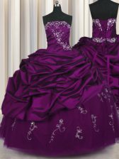 Dazzling Purple Ball Gowns Taffeta Strapless Sleeveless Beading and Embroidery and Pick Ups Floor Length Lace Up 15th Birthday Dress
