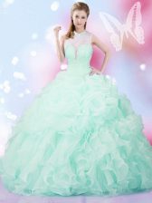 Amazing Apple Green Quinceanera Dress Military Ball and Sweet 16 and Quinceanera with Beading and Ruffles and Pick Ups High-neck Sleeveless Lace Up