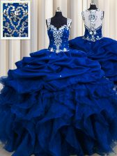 High Quality Zipple Up Sequins See Through Back Royal Blue Sleeveless Organza Zipper Quinceanera Gown for Military Ball and Sweet 16 and Quinceanera