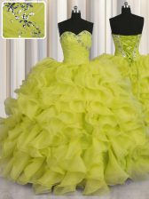 Luxury Yellow Green Organza Lace Up Sweetheart Sleeveless Floor Length Quinceanera Gowns Beading and Ruffles