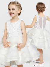 Pretty White Clasp Handle Scoop Appliques and Ruffles Toddler Flower Girl Dress Organza Sleeveless