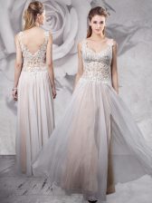 Chic Straps Floor Length Grey Prom Evening Gown Chiffon Sleeveless Appliques