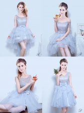  Scoop Grey Sleeveless Mini Length Lace and Ruffles and Ruffled Layers and Bowknot Lace Up Dama Dress