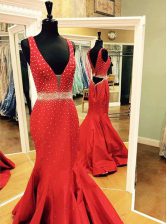  Mermaid Sleeveless Red Prom Evening Gown Sweep Train Zipper