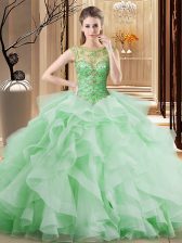 Traditional Scoop Tulle Sleeveless Quince Ball Gowns Brush Train and Beading and Ruffles