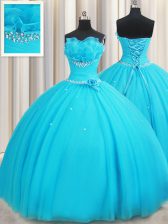  Strapless Sleeveless 15th Birthday Dress Floor Length Beading and Ruffles and Hand Made Flower Aqua Blue Tulle