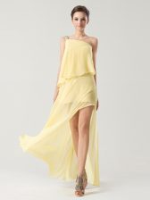  Yellow One Shoulder Neckline Beading and Ruching Dress for Prom Sleeveless Zipper