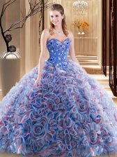  Sleeveless With Train Embroidery and Ruffles Lace Up Ball Gown Prom Dress with Multi-color Brush Train