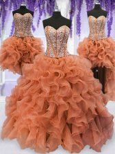 Deluxe Four Piece Floor Length Ball Gowns Sleeveless Orange Quince Ball Gowns Lace Up