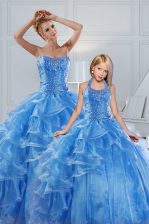 High Class Floor Length Lace Up Quinceanera Gown Baby Blue for Military Ball and Sweet 16 and Quinceanera with Beading and Ruffled Layers