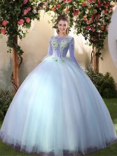  Big Puffy Light Blue Tulle Lace Up Scoop Long Sleeves Floor Length Sweet 16 Quinceanera Dress Appliques