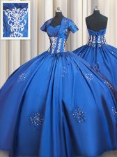  Blue Ball Gowns Taffeta Sweetheart Short Sleeves Beading and Appliques Floor Length Lace Up 15th Birthday Dress
