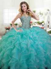 Custom Designed Ball Gowns Quince Ball Gowns Turquoise Sweetheart Organza Sleeveless Floor Length Lace Up