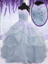 Wonderful Floor Length Light Blue Sweet 16 Quinceanera Dress Organza Sleeveless Ruffled Layers and Ruching and Hand Made Flower