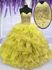 Noble Yellow Ball Gowns Organza Sweetheart Sleeveless Beading and Ruffles Floor Length Lace Up 15 Quinceanera Dress