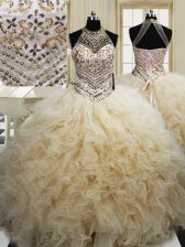  Halter Top Floor Length Ball Gowns Sleeveless Champagne 15th Birthday Dress Lace Up