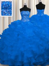 Perfect Lace Up Quince Ball Gowns Royal Blue for Military Ball and Sweet 16 and Quinceanera with Beading and Ruffles Sweep Train