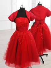 Dynamic Knee Length Red Prom Dress Strapless Short Sleeves Lace Up