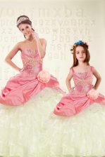 Flare Pink Ball Gowns Organza and Taffeta Sweetheart Sleeveless Beading and Ruffled Layers and Hand Made Flower Floor Length Lace Up 15th Birthday Dress