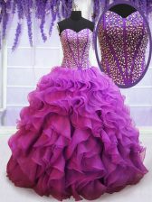 Eggplant Purple Ball Gowns Organza Sweetheart Sleeveless Beading and Ruffles Floor Length Lace Up Quinceanera Gowns