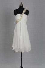 Suitable White Zipper Prom Evening Gown Beading Sleeveless Tea Length