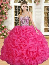 Trendy Sweetheart Sleeveless 15 Quinceanera Dress Floor Length Beading and Ruffles Hot Pink Organza